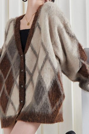 Cute Everyday Outfits, Outfit Inspo Casual Brown Argyle Fuzzy Cardigan
