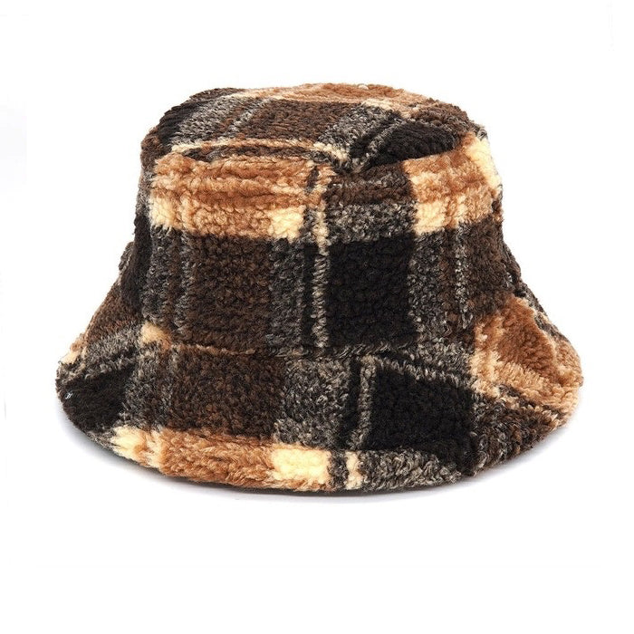 Cute Everyday Outfits, Outfit Inspo Casual Brown Plaid Fuzzy Bucket Hat