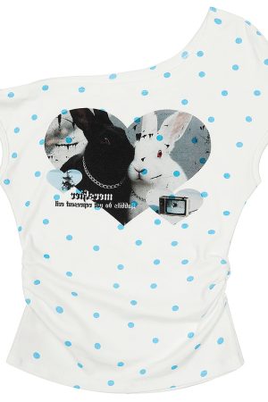 Cute Everyday Outfits, Outfit Inspo Casual Bunny Polka Dot One-Shoulder Top