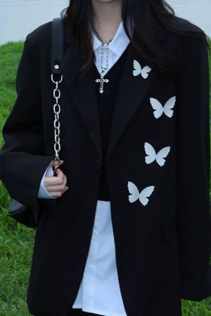 Cute Everyday Outfits, Outfit Inspo Casual Butterfly Embroidery Black Blazer