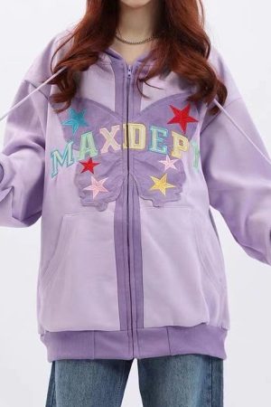 Cute Everyday Outfits, Outfit Inspo Casual Butterfly Embroidery Zip Up Hoodie