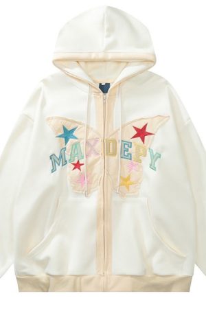 Cute Everyday Outfits, Outfit Inspo Casual Butterfly Embroidery Zip Up Hoodie