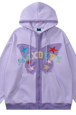Cute Everyday Outfits, Outfit Inspo Casual Butterfly Embroidery Zip Up Hoodie