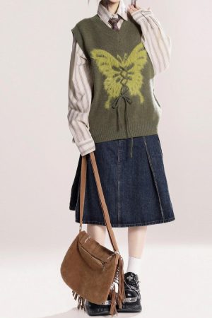 Cute Everyday Outfits, Outfit Inspo Casual Butterfly Knit Vest in Green