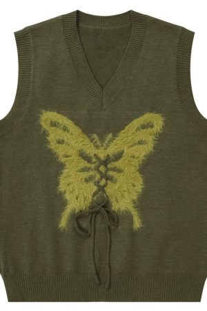 Cute Everyday Outfits, Outfit Inspo Casual Butterfly Knit Vest in Green
