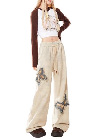 Cute Everyday Outfits, Outfit Inspo Casual Butterfly Patch Wide-Leg Pants
