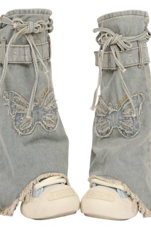 Cute Everyday Outfits, Outfit Inspo Casual Butterfly Patch Y2K Denim Leg Warmers