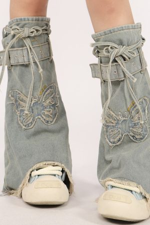 Cute Everyday Outfits, Outfit Inspo Casual Butterfly Patch Y2K Denim Leg Warmers