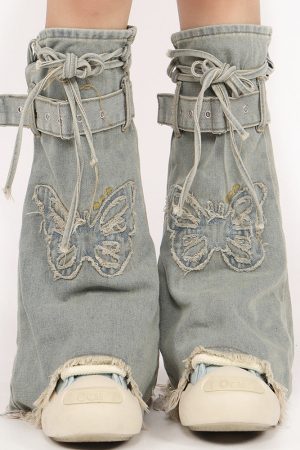 Cute Everyday Outfits, Outfit Inspo Casual Butterfly Patch Y2K Denim Leg Warmers