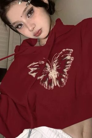 Cute Everyday Outfits, Outfit Inspo Casual Butterfly Print Crop Hoodie