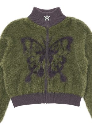 Cute Everyday Outfits, Outfit Inspo Casual Butterfly Print Fuzzy Bomber