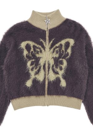 Cute Everyday Outfits, Outfit Inspo Casual Butterfly Print Fuzzy Bomber