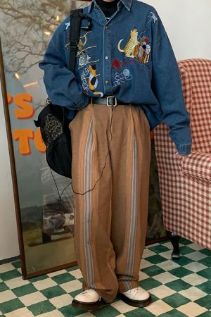 Cute Everyday Outfits, Outfit Inspo Casual Cat Embroidery Vintage Style Denim Shirt