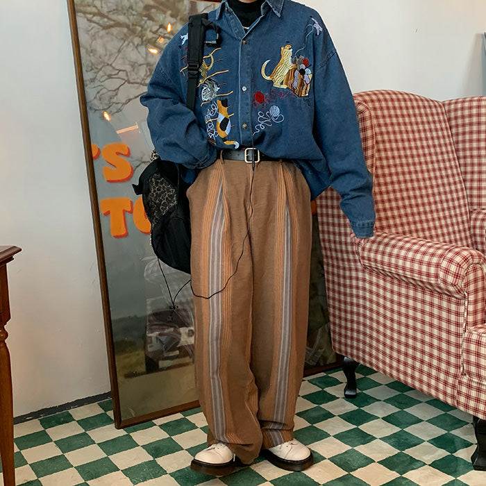 Cute Everyday Outfits, Outfit Inspo Casual Cat Embroidery Vintage Style Denim Shirt Cute Everyday Outfits, Outfit Inspo Casual Cat Embroidery Vintage Style Denim Shirt