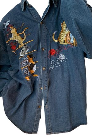 Cute Everyday Outfits, Outfit Inspo Casual Cat Embroidery Vintage Style Denim Shirt
