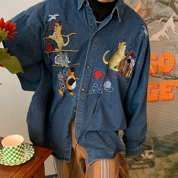 Cute Everyday Outfits, Outfit Inspo Casual Cat Embroidery Vintage Style Denim Shirt Cute Everyday Outfits, Outfit Inspo Casual Cat Embroidery Vintage Style Denim Shirt