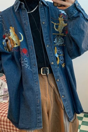 Cute Everyday Outfits, Outfit Inspo Casual Cat Embroidery Vintage Style Denim Shirt