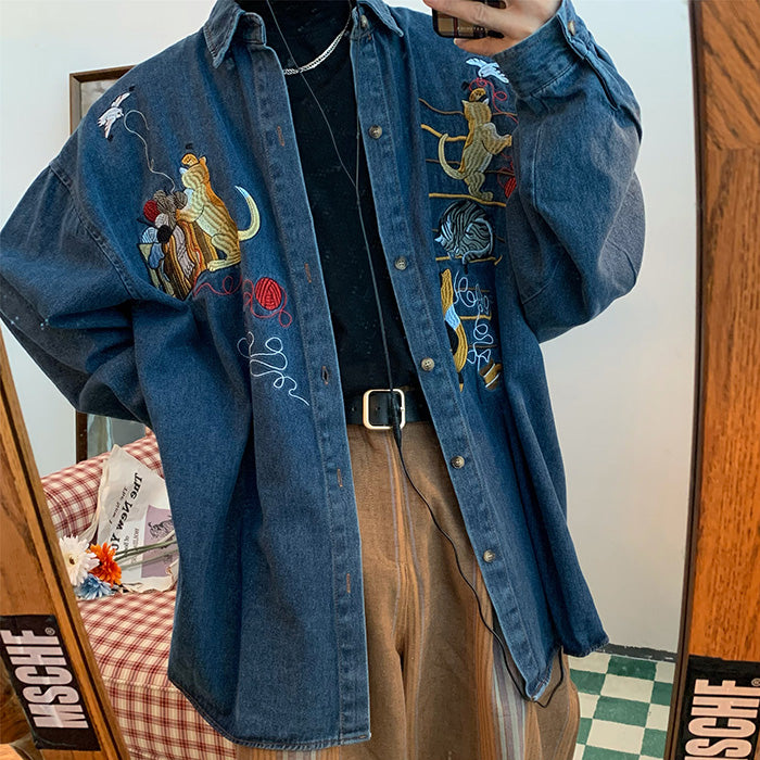Cute Everyday Outfits, Outfit Inspo Casual Cat Embroidery Vintage Style Denim Shirt Cute Everyday Outfits, Outfit Inspo Casual Cat Embroidery Vintage Style Denim Shirt