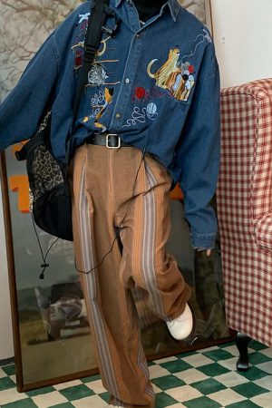 Cute Everyday Outfits, Outfit Inspo Casual Cat Embroidery Vintage Style Denim Shirt