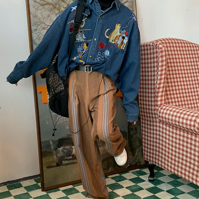 Cute Everyday Outfits, Outfit Inspo Casual Cat Embroidery Vintage Style Denim Shirt Cute Everyday Outfits, Outfit Inspo Casual Cat Embroidery Vintage Style Denim Shirt