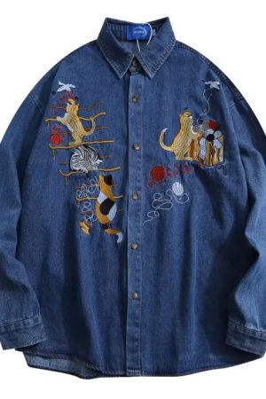 Cute Everyday Outfits, Outfit Inspo Casual Cat Embroidery Vintage Style Denim Shirt