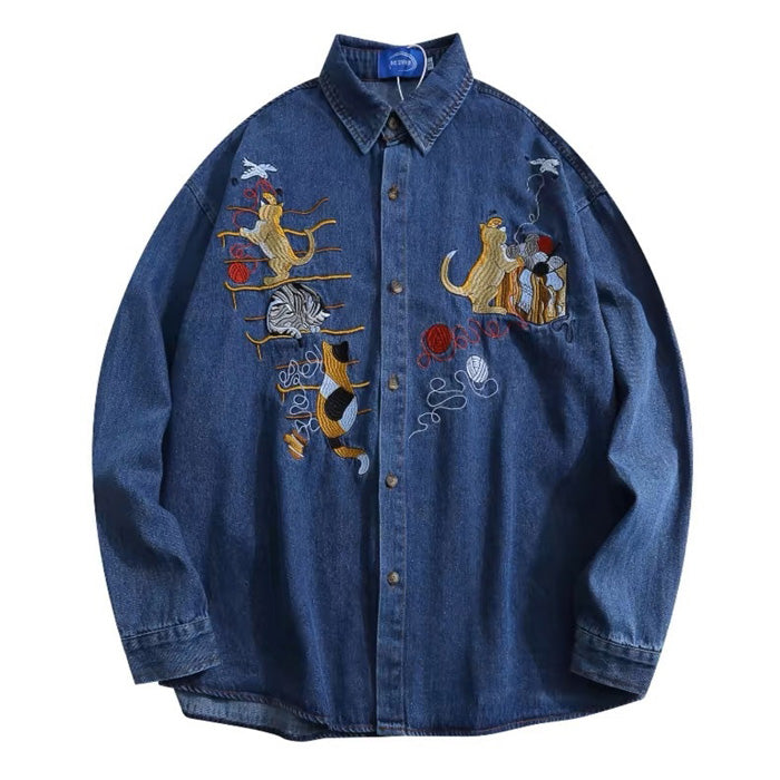 Cute Everyday Outfits, Outfit Inspo Casual Cat Embroidery Vintage Style Denim Shirt Cute Everyday Outfits, Outfit Inspo Casual Cat Embroidery Vintage Style Denim Shirt