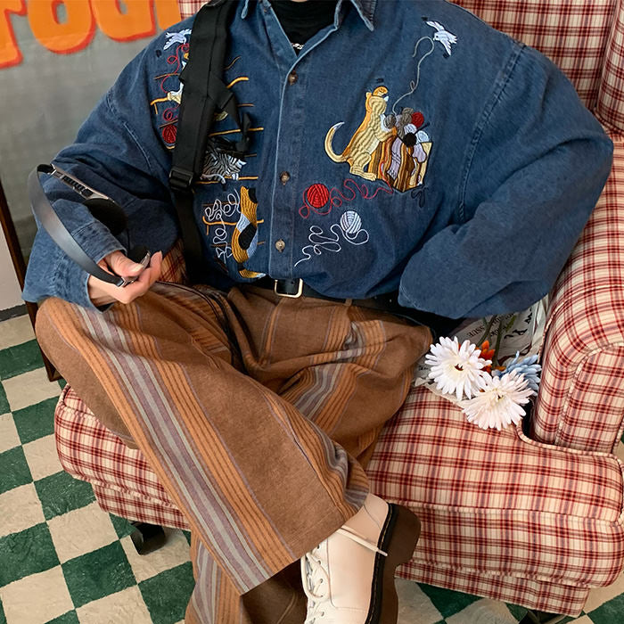 Cute Everyday Outfits, Outfit Inspo Casual Cat Embroidery Vintage Style Denim Shirt Cute Everyday Outfits, Outfit Inspo Casual Cat Embroidery Vintage Style Denim Shirt