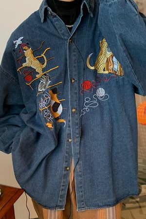 Cute Everyday Outfits, Outfit Inspo Casual Cat Embroidery Vintage Style Denim Shirt