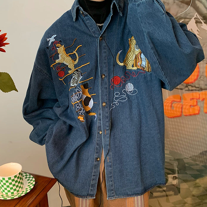 Cute Everyday Outfits, Outfit Inspo Casual Cat Embroidery Vintage Style Denim Shirt Cute Everyday Outfits, Outfit Inspo Casual Cat Embroidery Vintage Style Denim Shirt