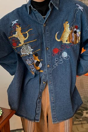 Cute Everyday Outfits, Outfit Inspo Casual Cat Embroidery Vintage Style Denim Shirt