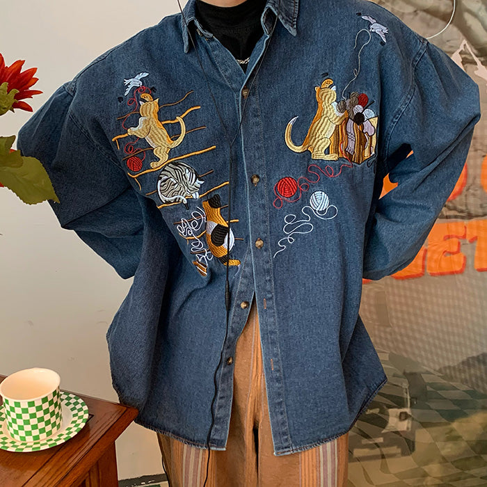 Cute Everyday Outfits, Outfit Inspo Casual Cat Embroidery Vintage Style Denim Shirt Cute Everyday Outfits, Outfit Inspo Casual Cat Embroidery Vintage Style Denim Shirt