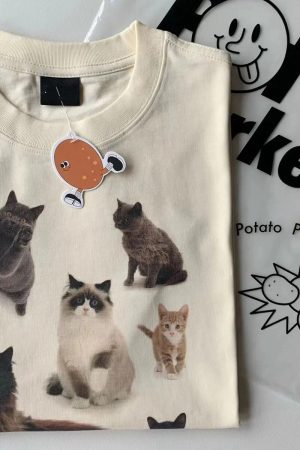 Cute Everyday Outfits, Outfit Inspo Casual Cat Print Aesthetic T-Shirt