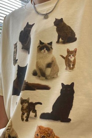 Cute Everyday Outfits, Outfit Inspo Casual Cat Print Aesthetic T-Shirt