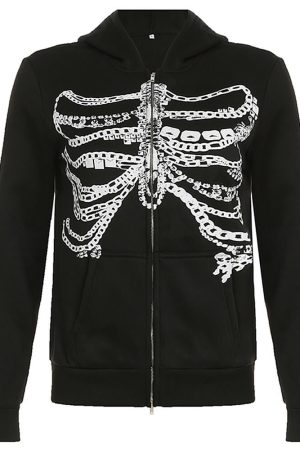 Cute Everyday Outfits, Outfit Inspo Casual Chain Skeleton Print Grunge Hoodie