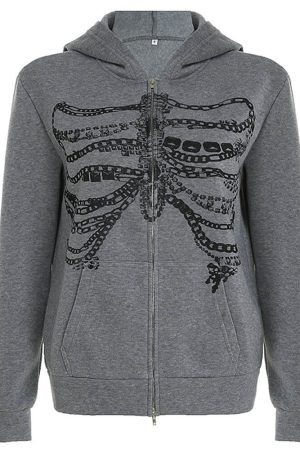Cute Everyday Outfits, Outfit Inspo Casual Chain Skeleton Print Grunge Hoodie