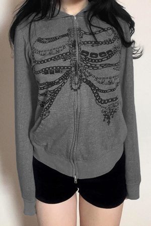Cute Everyday Outfits, Outfit Inspo Casual Chain Skeleton Print Grunge Hoodie