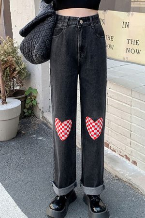 Cute Everyday Outfits, Outfit Inspo Casual Checker Heart Wide Jeans