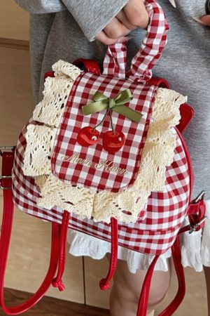 Cute Everyday Outfits, Outfit Inspo Casual Cherry Embroidery Gingham Backpack