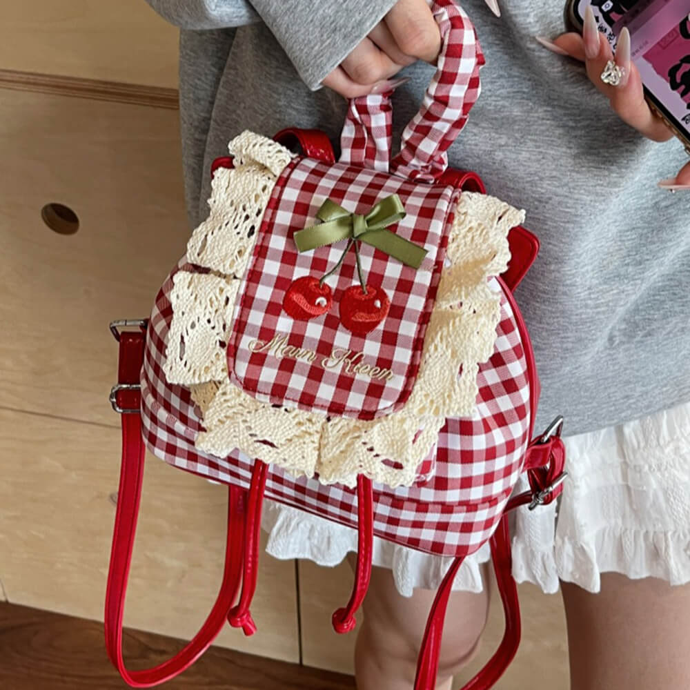 Cute Everyday Outfits, Outfit Inspo Casual Cherry Embroidery Gingham Backpack Cute Everyday Outfits, Outfit Inspo Casual Cherry Embroidery Gingham Backpack