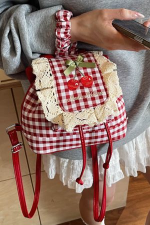 Cute Everyday Outfits, Outfit Inspo Casual Cherry Embroidery Gingham Backpack