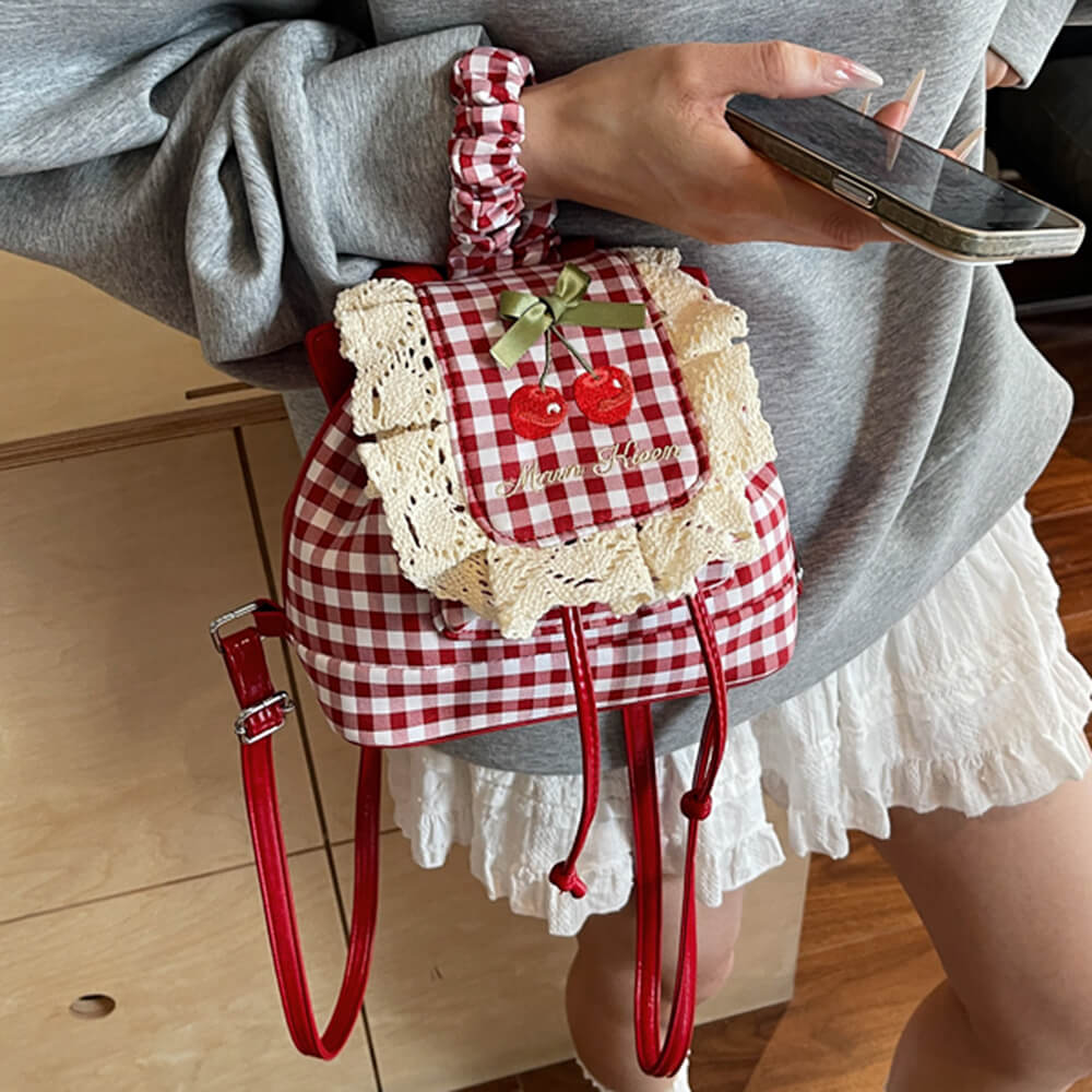 Cute Everyday Outfits, Outfit Inspo Casual Cherry Embroidery Gingham Backpack Cute Everyday Outfits, Outfit Inspo Casual Cherry Embroidery Gingham Backpack