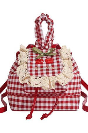 Cute Everyday Outfits, Outfit Inspo Casual Cherry Embroidery Gingham Backpack