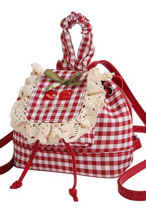 Cute Everyday Outfits, Outfit Inspo Casual Cherry Embroidery Gingham Backpack