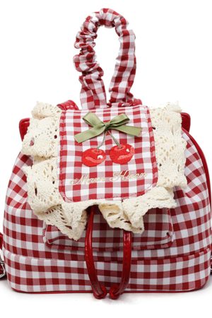 Cute Everyday Outfits, Outfit Inspo Casual Cherry Embroidery Gingham Backpack