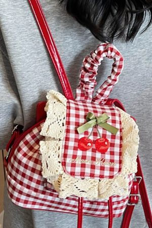 Cute Everyday Outfits, Outfit Inspo Casual Cherry Embroidery Gingham Backpack