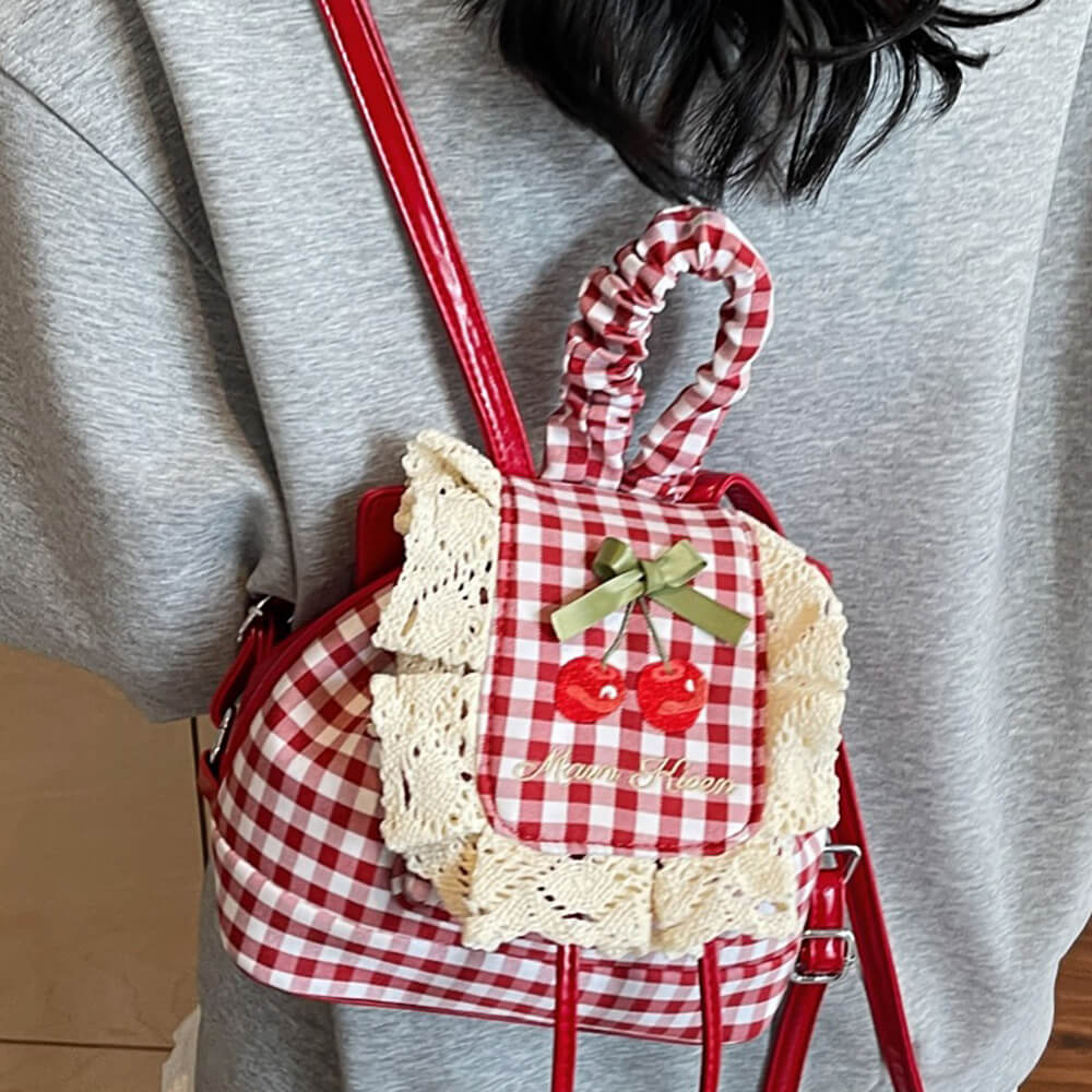 Cute Everyday Outfits, Outfit Inspo Casual Cherry Embroidery Gingham Backpack Cute Everyday Outfits, Outfit Inspo Casual Cherry Embroidery Gingham Backpack