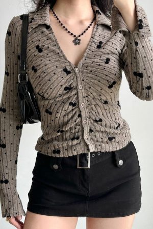 Cute Everyday Outfits, Outfit Inspo Casual Cherry Print Button-Up Top