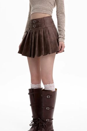 Cute Everyday Outfits, Outfit Inspo Casual Coffee Cream Heart Buckle Mini Skirt