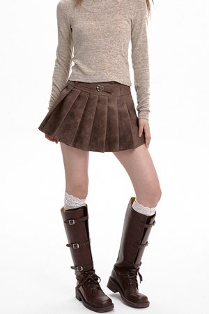 Cute Everyday Outfits, Outfit Inspo Casual Coffee Cream Heart Buckle Mini Skirt