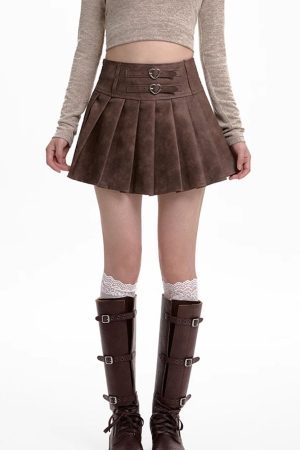 Cute Everyday Outfits, Outfit Inspo Casual Coffee Cream Heart Buckle Mini Skirt